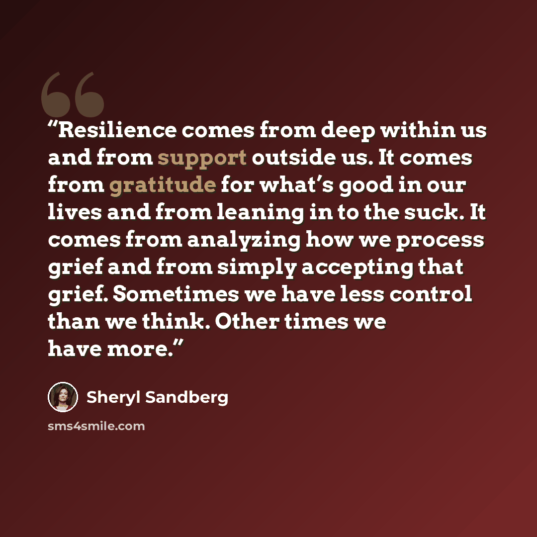 “Resilience comes from deep within us and from support outside us. It comes from gratitude for what’s good in our lives and from leaning in to the suck. It comes from analyzing how we process grief and from simply accepting that grief. Sometimes we have less control than we think. Other times we…” quote by Sheryl Sandberg