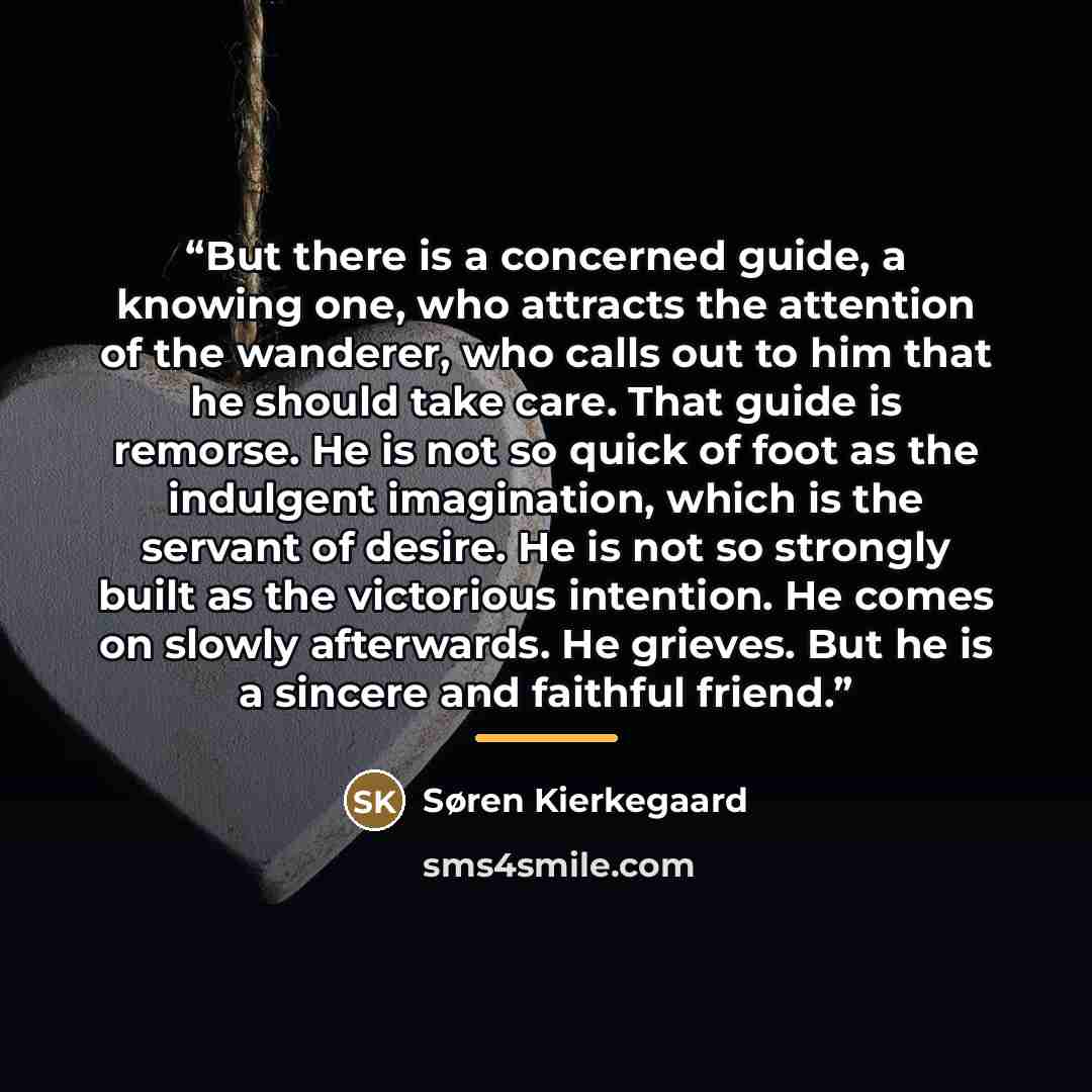 “But there is a concerned guide, a knowing one, who attracts the attention of the wanderer, who calls out to him that he should take care. That guide is remorse. He is not so quick of foot as the indulgent imagination, which is the servant of desire. He is not so strongly built as the victorious…” quote by Søren Kierkegaard