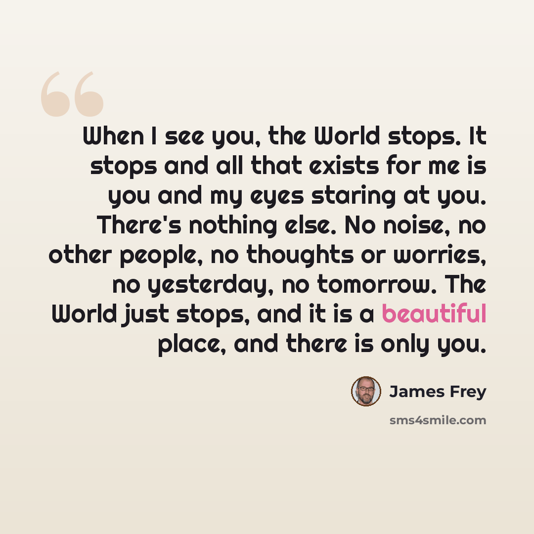“When I see you, the World stops. It stops and all that exists for me is you and my eyes staring at you. There's nothing else. No noise, no other people, no thoughts or worries, no yesterday, no tomorrow. The World just stops, and it is a beautiful place, and there is only you.” quote by James Frey