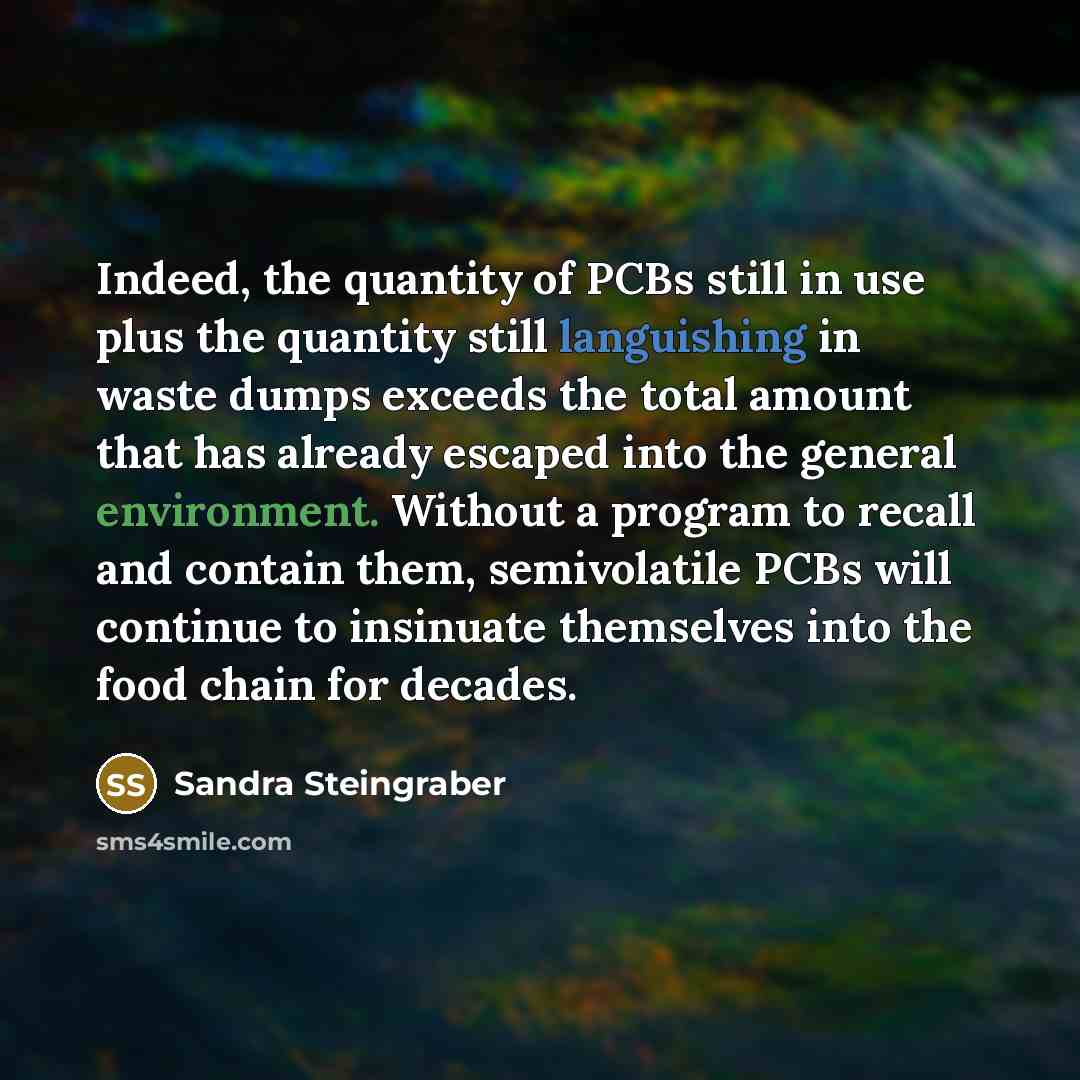 “Indeed, the quantity of PCBs still in use plus the quantity still languishing in waste dumps exceeds the total amount that has already escaped into the general environment. Without a program to recall and contain them, semivolatile PCBs will continue to insinuate themselves into the food chain for…” quote by Sandra Steingraber
