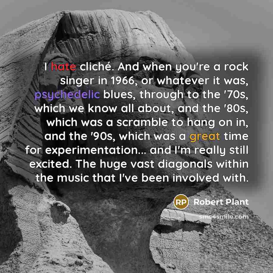 “I hate cliché. And when you're a rock singer in 1966, or whatever it was, psychedelic blues, through to the '70s, which we know all about, and the '80s, which was a scramble to hang on in, and the '90s, which was a great time for experimentation... and I'm really still excited. The huge vast…” quote by Robert Plant