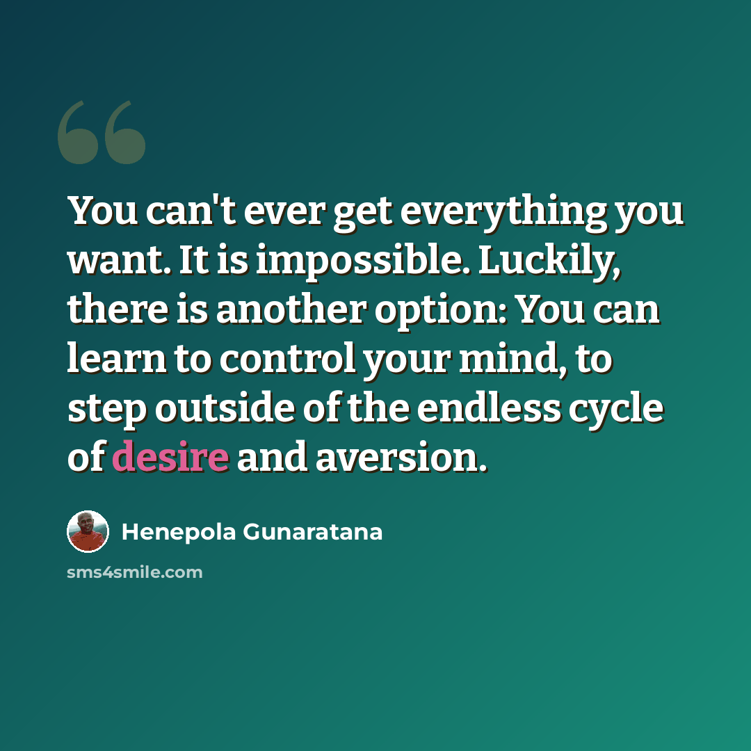 “You can't ever get everything you want. It is impossible. Luckily, there is another option: You can learn to control your mind, to step outside of the endless cycle of desire and aversion.” quote by Henepola Gunaratana