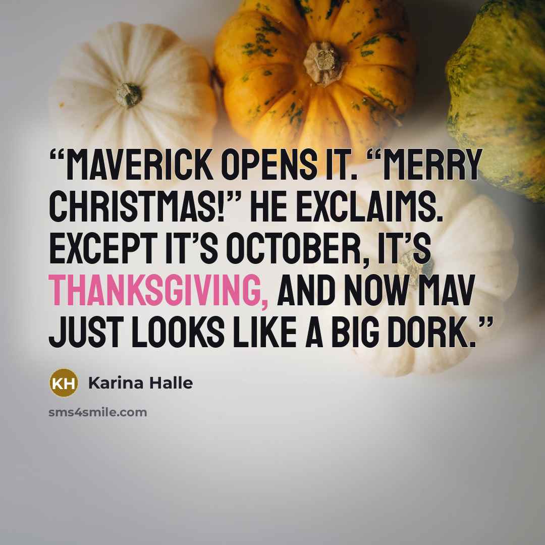 “Maverick opens it. “Merry Christmas!” he exclaims. Except it’s October, it’s Thanksgiving, and now Mav just looks like a big dork.” quote by Karina Halle