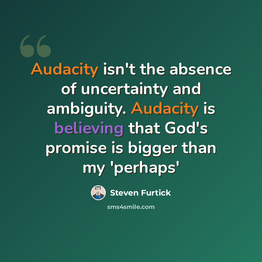 “Audacity isn't the absence of uncertainty and ambiguity. Audacity is believing that God's promise is bigger than my 'perhaps'” quote by Steven Furtick