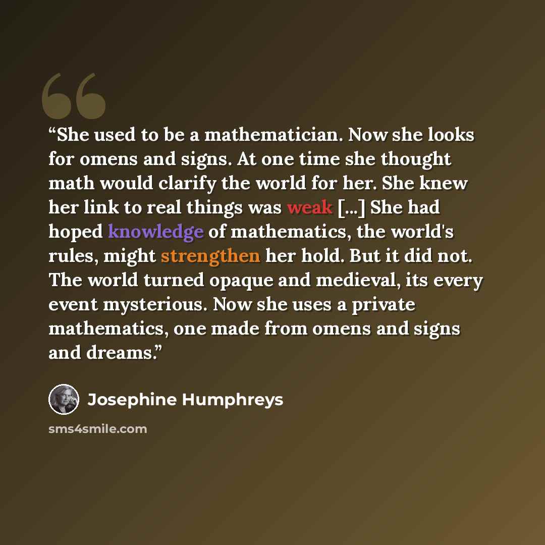 “She used to be a mathematician. Now she looks for omens and signs. At one time she thought math would clarify the world for her. She knew her link to real things was weak [...] She had hoped knowledge of mathematics, the world's rules, might strengthen her hold. But it did not. The world turned…” quote by Josephine Humphreys