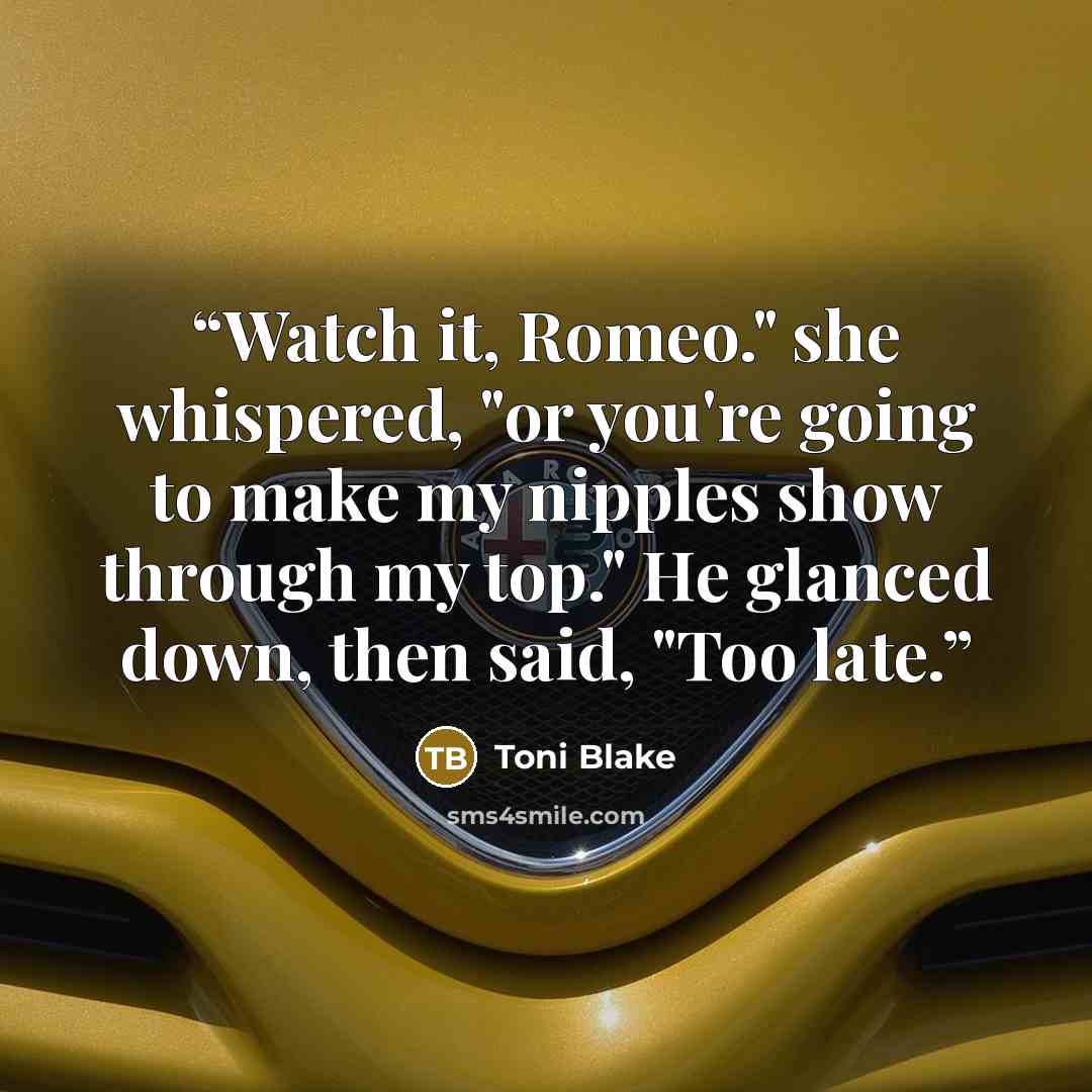 “Watch it, Romeo." she whispered, "or you're going to make my nipples show through my top." He glanced down, then said, "Too late.” quote by Toni Blake