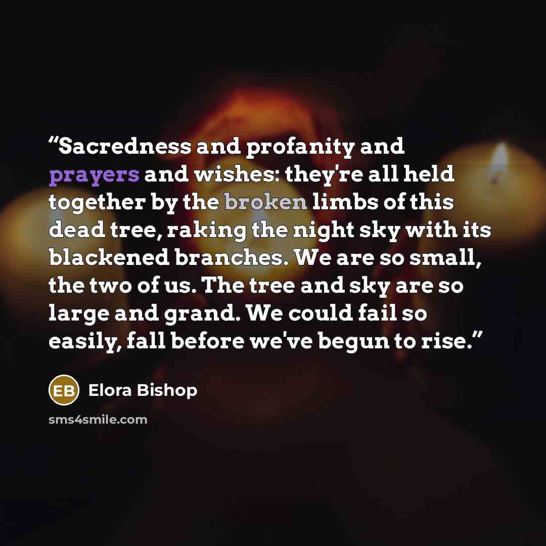 “Sacredness and profanity and prayers and wishes: they're all held together by the broken limbs of this dead tree, raking the night sky with its blackened branches. We are so small, the two of us. The tree and sky are so large and grand. We could fail so easily, fall before we've begun to rise.” quote by Elora Bishop