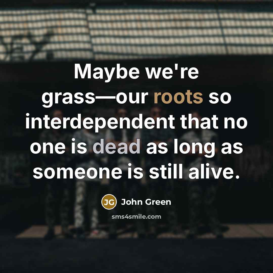“Maybe we're grass—our roots so interdependent that no one is dead as long as someone is still alive.” quote by John Green