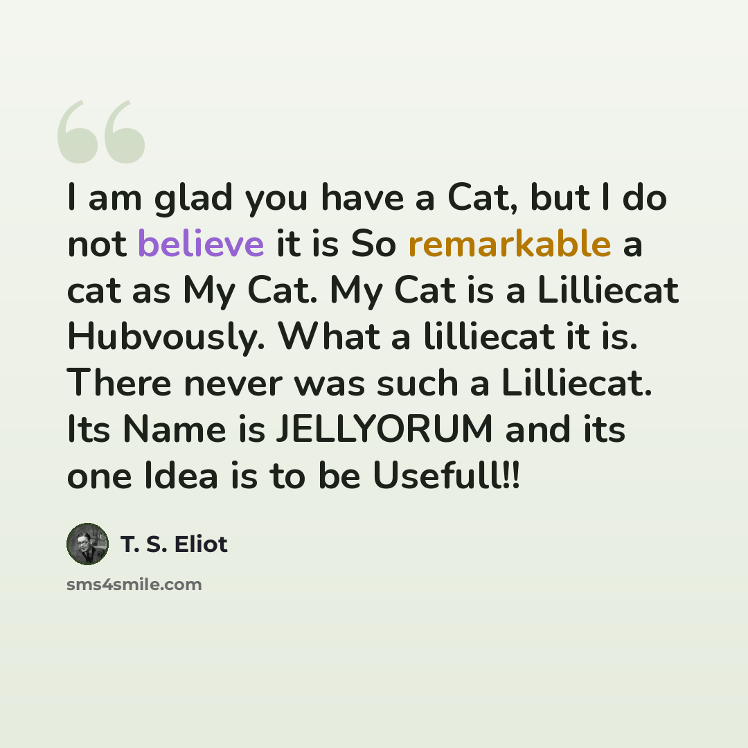 “I am glad you have a Cat, but I do not believe it is So remarkable a cat as My Cat. My Cat is a Lilliecat Hubvously. What a lilliecat it is. There never was such a Lilliecat. Its Name is JELLYORUM and its one Idea is to be Usefull!!” quote by T. S. Eliot