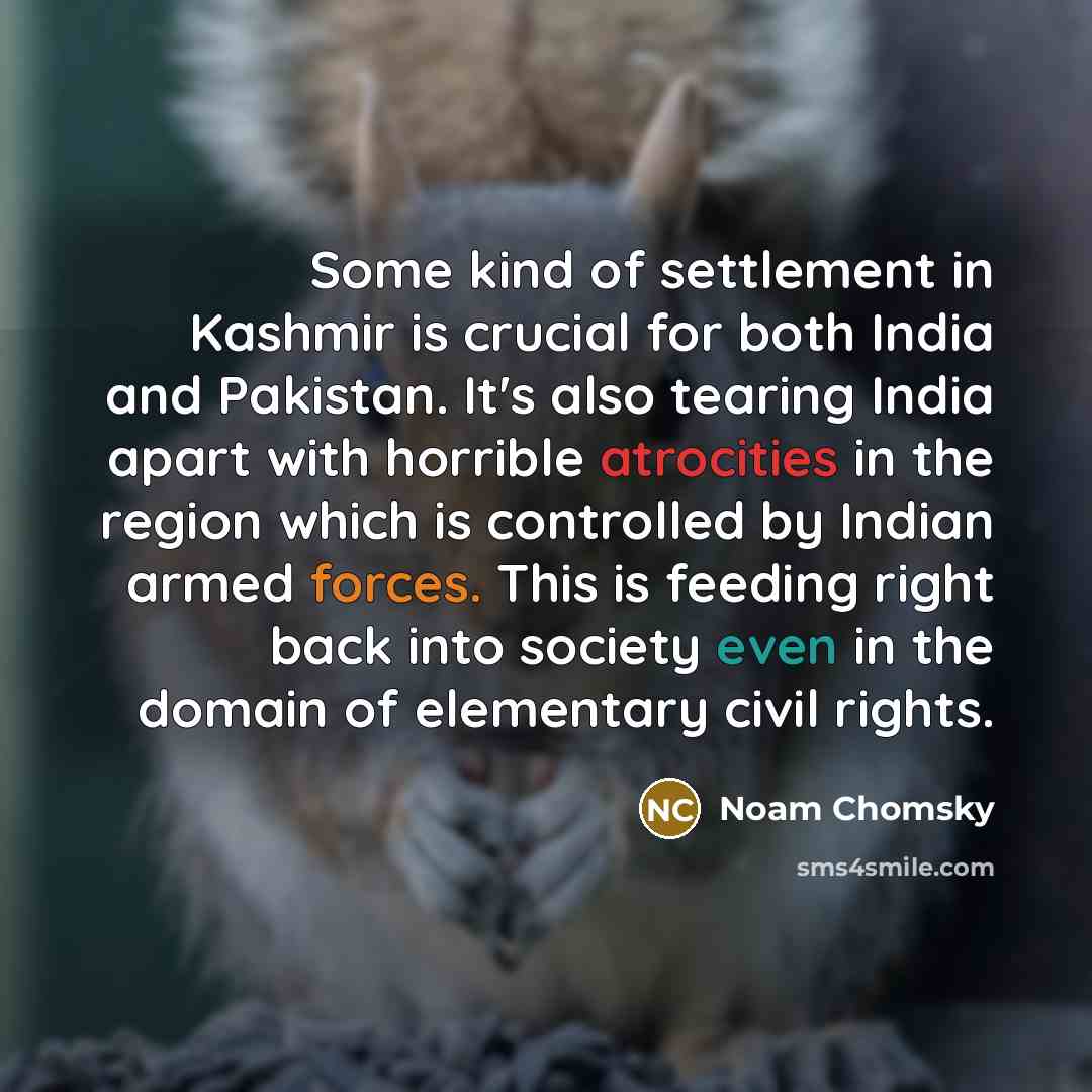 “Some kind of settlement in Kashmir is crucial for both India and Pakistan. It's also tearing India apart with horrible atrocities in the region which is controlled by Indian armed forces. This is feeding right back into society even in the domain of elementary civil rights.” quote by Noam Chomsky