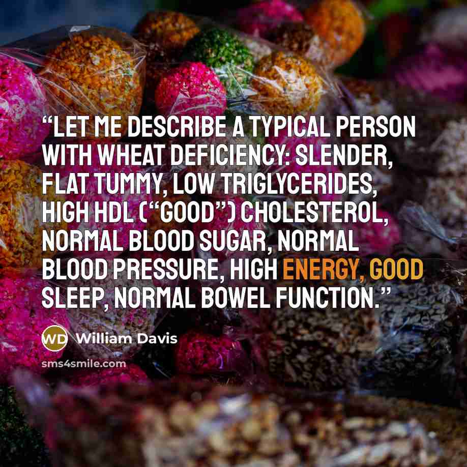 “Let me describe a typical person with wheat deficiency: slender, flat tummy, low triglycerides, high HDL (“good”) cholesterol, normal blood sugar, normal blood pressure, high energy, good sleep, normal bowel function.” quote by William Davis