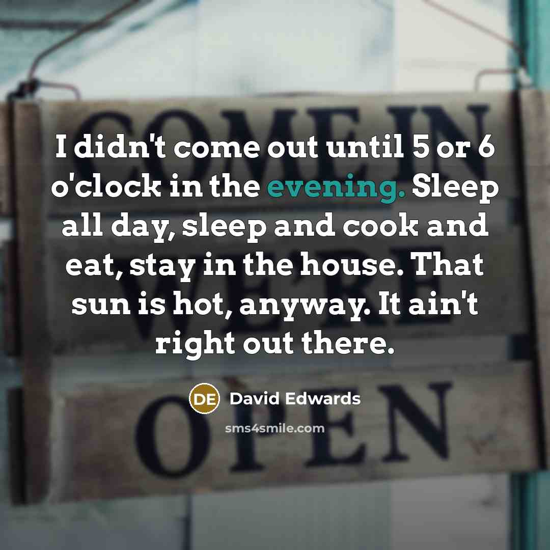“I didn't come out until 5 or 6 o'clock in the evening. Sleep all day, sleep and cook and eat, stay in the house. That sun is hot, anyway. It ain't right out there.” quote by David Edwards