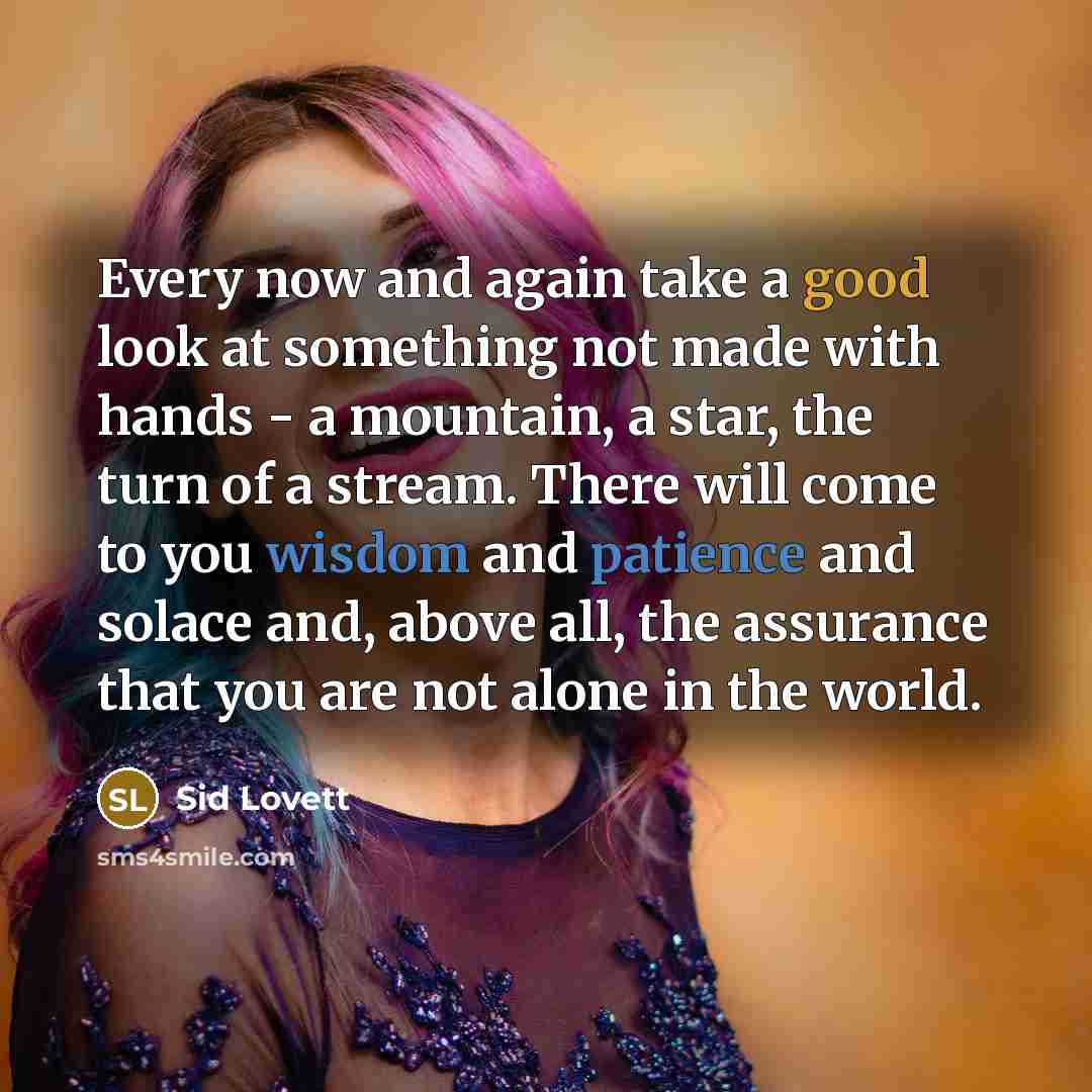 “Every now and again take a good look at something not made with hands - a mountain, a star, the turn of a stream. There will come to you wisdom and patience and solace and, above all, the assurance that you are not alone in the world.” quote by Sid Lovett