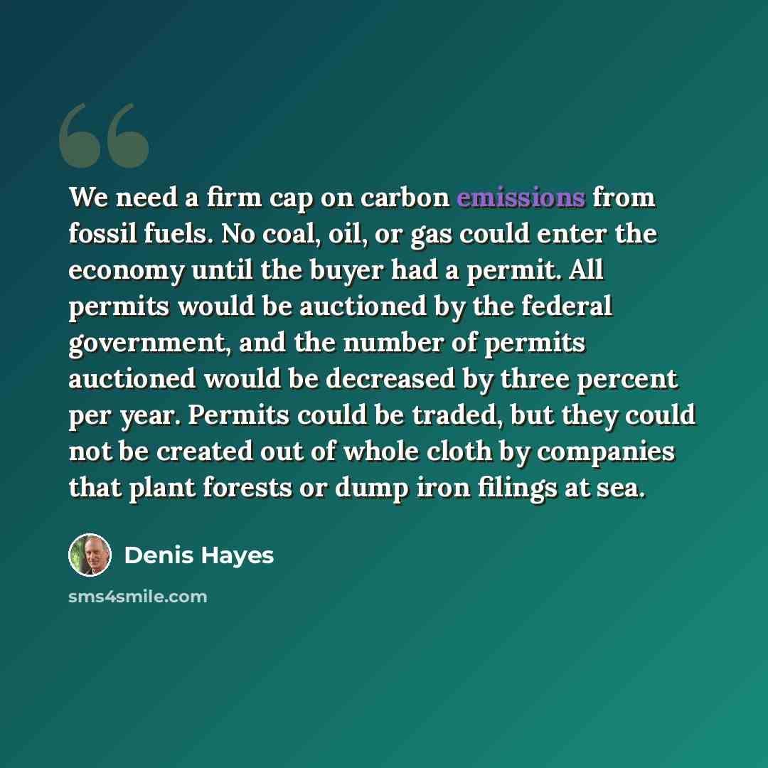“We need a firm cap on carbon emissions from fossil fuels. No coal, oil, or gas could enter the economy until the buyer had a permit. All permits would be auctioned by the federal government, and the number of permits auctioned would be decreased by three percent per year. Permits could be traded…” quote by Denis Hayes