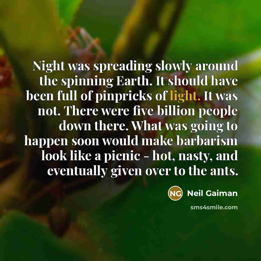 “Night was spreading slowly around the spinning Earth. It should have been full of pinpricks of light. It was not. There were five billion people down there. What was going to happen soon would make barbarism look like a picnic - hot, nasty, and eventually given over to the ants.” quote by Neil Gaiman