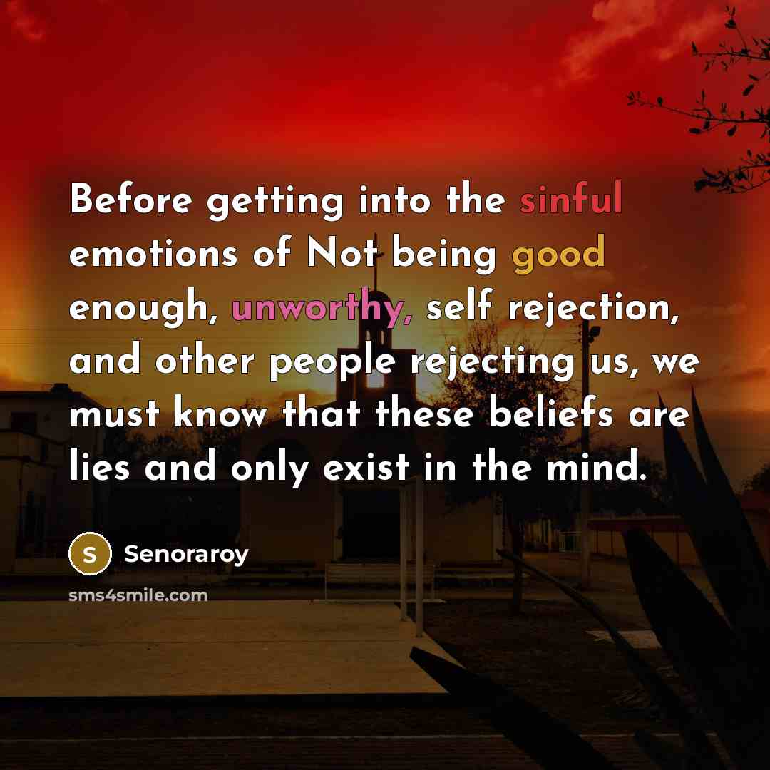 “Before getting into the sinful emotions of Not being good enough, unworthy, self rejection, and other people rejecting us, we must know that these beliefs are lies and only exist in the mind.” quote by Senoraroy