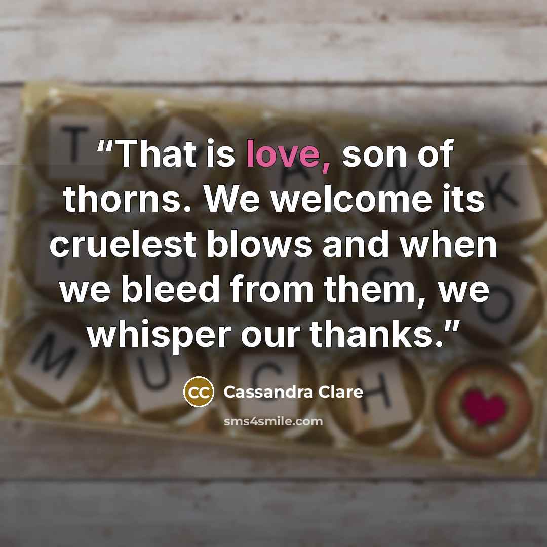 “That is love, son of thorns. We welcome its cruelest blows and when we bleed from them, we whisper our thanks.” quote by Cassandra Clare