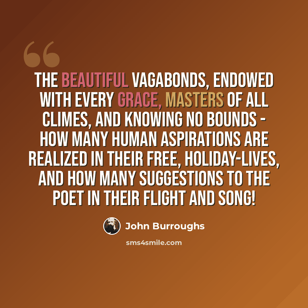 “The beautiful vagabonds, endowed with every grace, masters of all climes, and knowing no bounds - how many human aspirations are realized in their free, holiday-lives, and how many suggestions to the poet in their flight and song!” quote by John Burroughs
