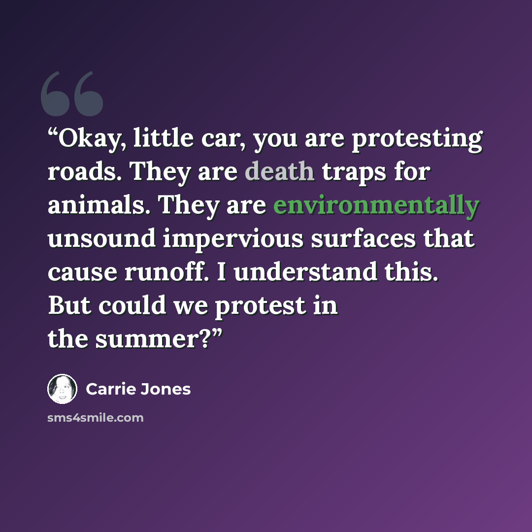 “Okay, little car, you are protesting roads. They are death traps for animals. They are environmentally unsound impervious surfaces that cause runoff. I understand this. But could we protest in the summer?” quote by Carrie Jones