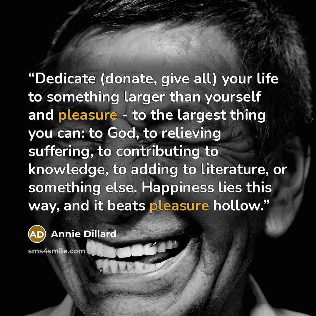 “Dedicate (donate, give all) your life to something larger than yourself and pleasure - to the largest thing you can: to God, to relieving suffering, to contributing to knowledge, to adding to literature, or something else. Happiness lies this way, and it beats pleasure hollow.” quote by Annie Dillard