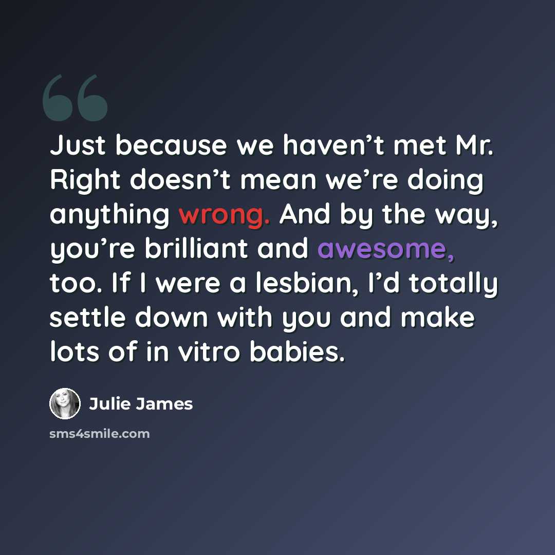 “Just because we haven’t met Mr. Right doesn’t mean we’re doing anything wrong. And by the way, you’re brilliant and awesome, too. If I were a lesbian, I’d totally settle down with you and make lots of in vitro babies.” quote by Julie James