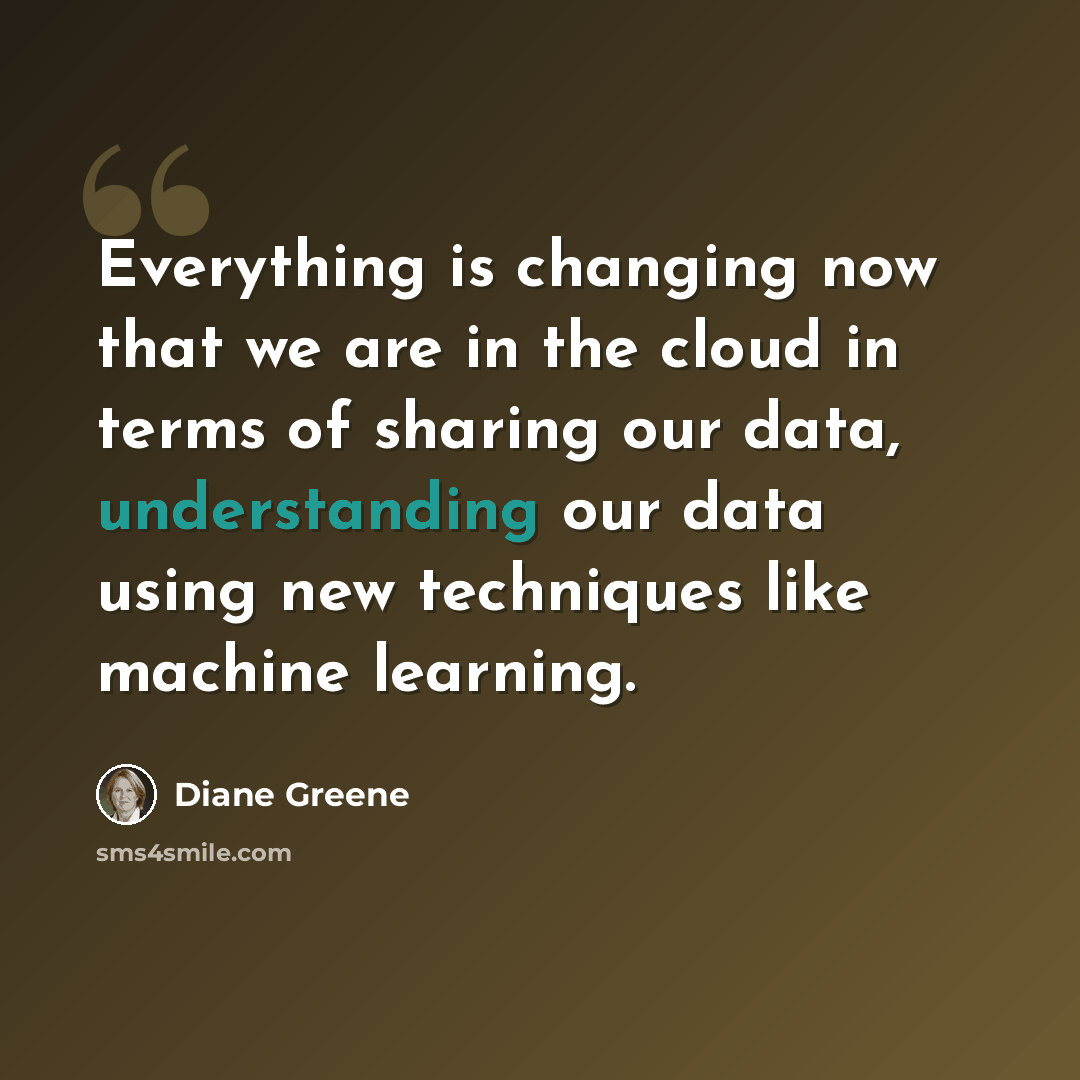 “Everything is changing now that we are in the cloud in terms of sharing our data, understanding our data using new techniques like machine learning.” quote by Diane Greene