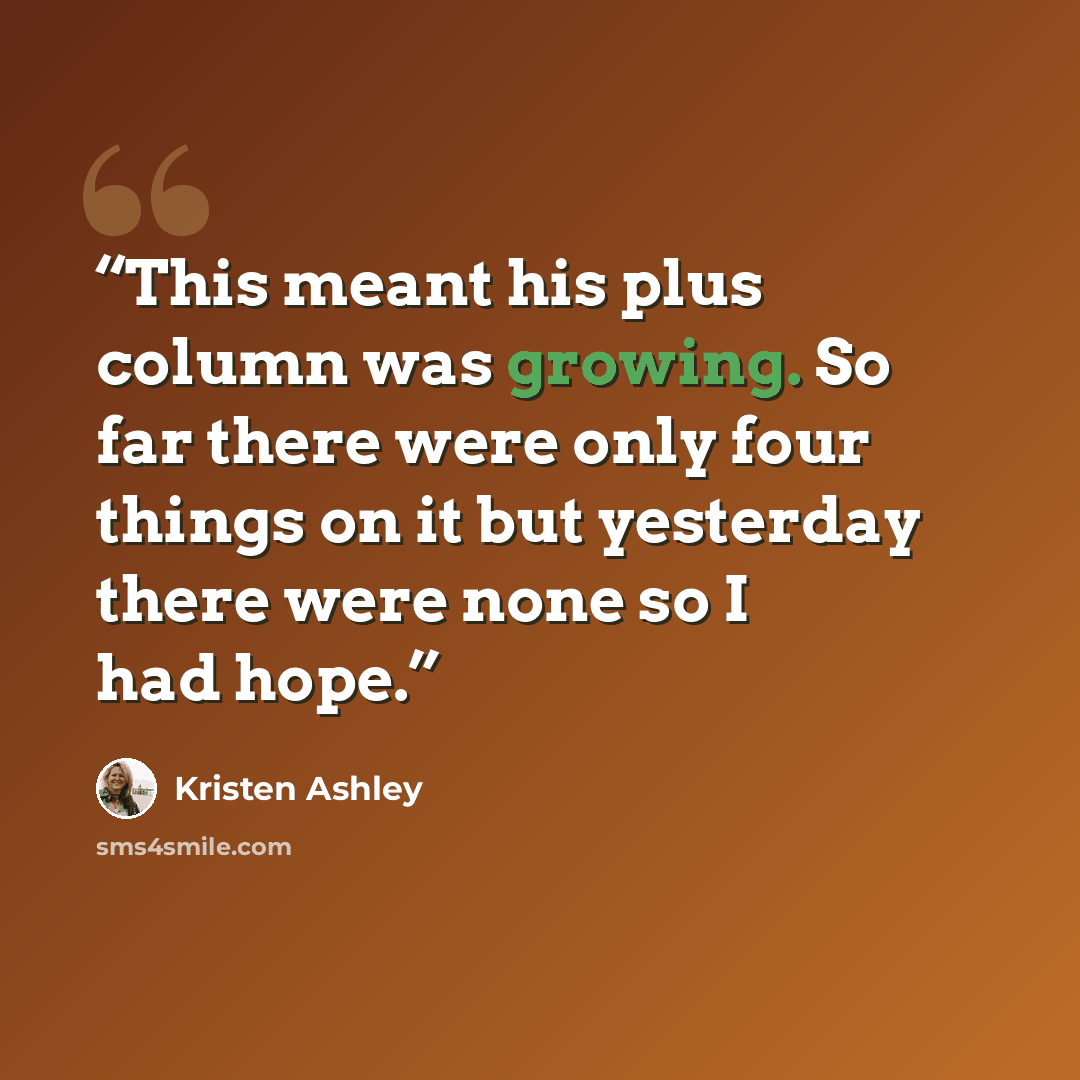 “This meant his plus column was growing. So far there were only four things on it but yesterday there were none so I had hope.” quote by Kristen Ashley