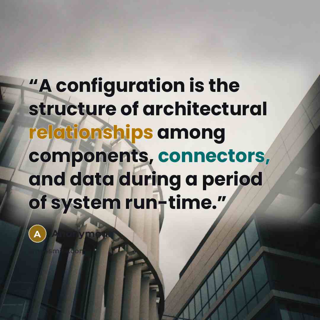 “A configuration is the structure of architectural relationships among components, connectors, and data during a period of system run-time.” quote by Anonymous