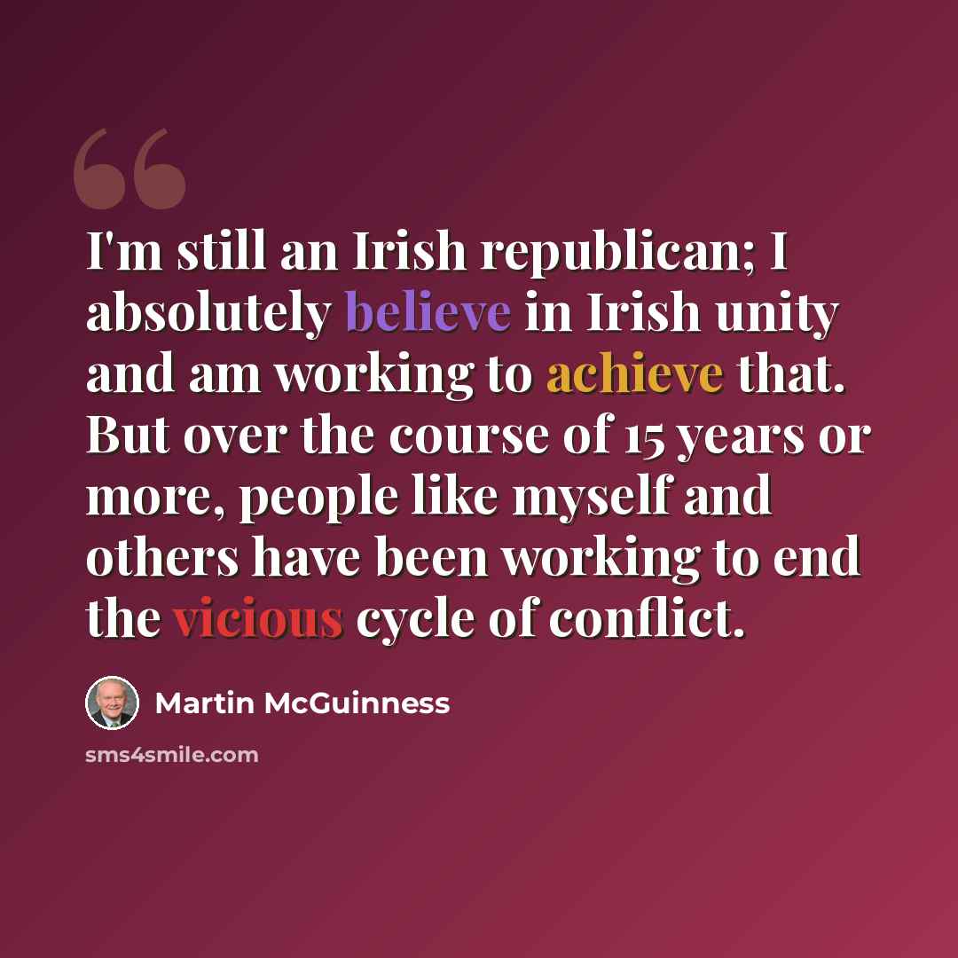 “I'm still an Irish republican; I absolutely believe in Irish unity and am working to achieve that. But over the course of 15 years or more, people like myself and others have been working to end the vicious cycle of conflict.” quote by Martin McGuinness