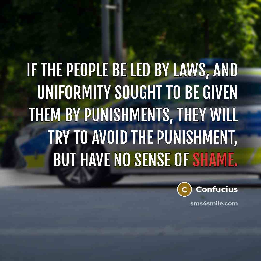 “If the people be led by laws, and uniformity sought to be given them by punishments, they will try to avoid the punishment, but have no sense of shame.” quote by Confucius