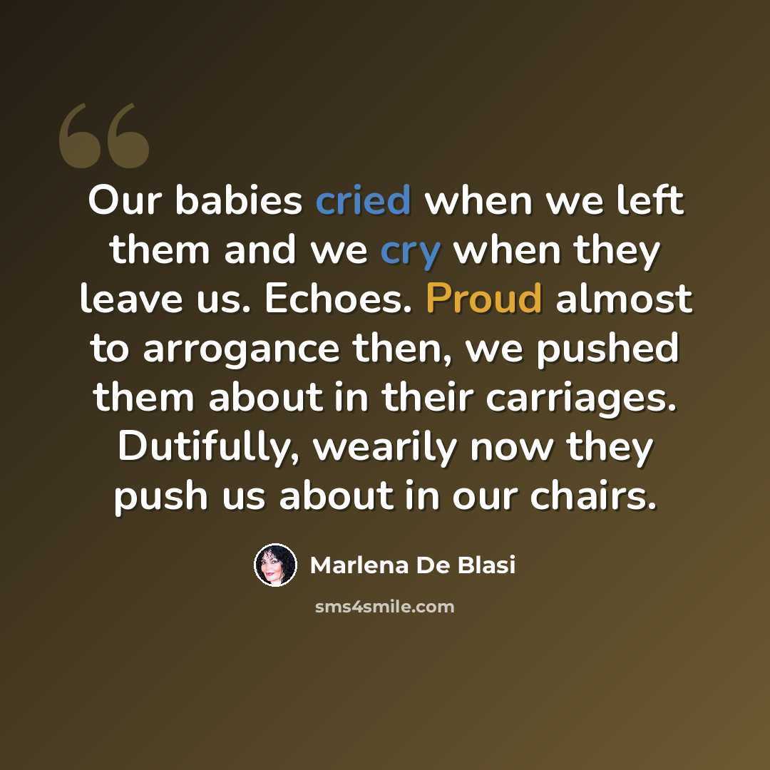 “Our babies cried when we left them and we cry when they leave us. Echoes. Proud almost to arrogance then, we pushed them about in their carriages. Dutifully, wearily now they push us about in our chairs.” quote by Marlena De Blasi