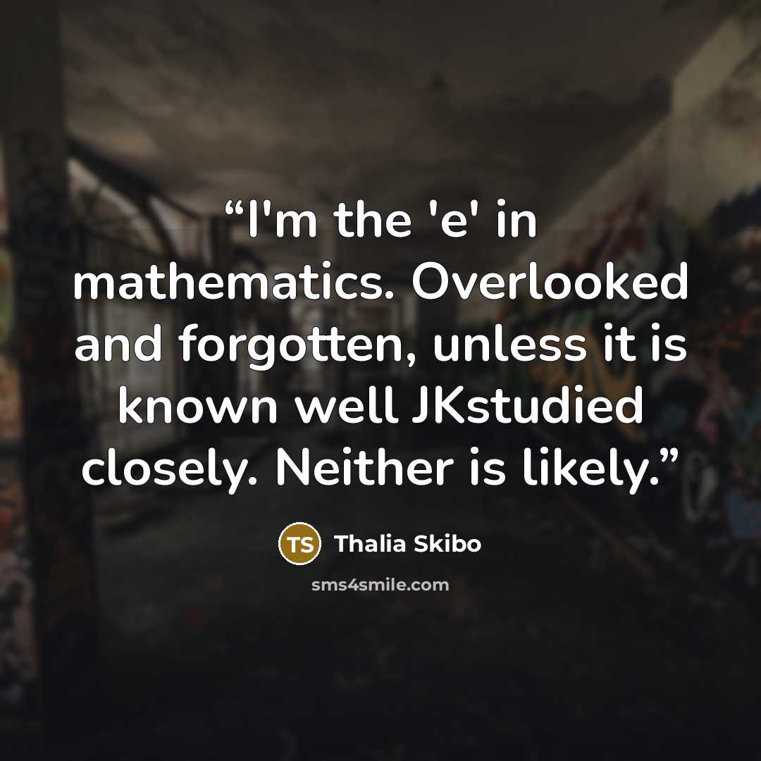 “I'm the 'e' in mathematics. Overlooked and forgotten, unless it is known well JKstudied closely. Neither is likely.” quote by Thalia Skibo