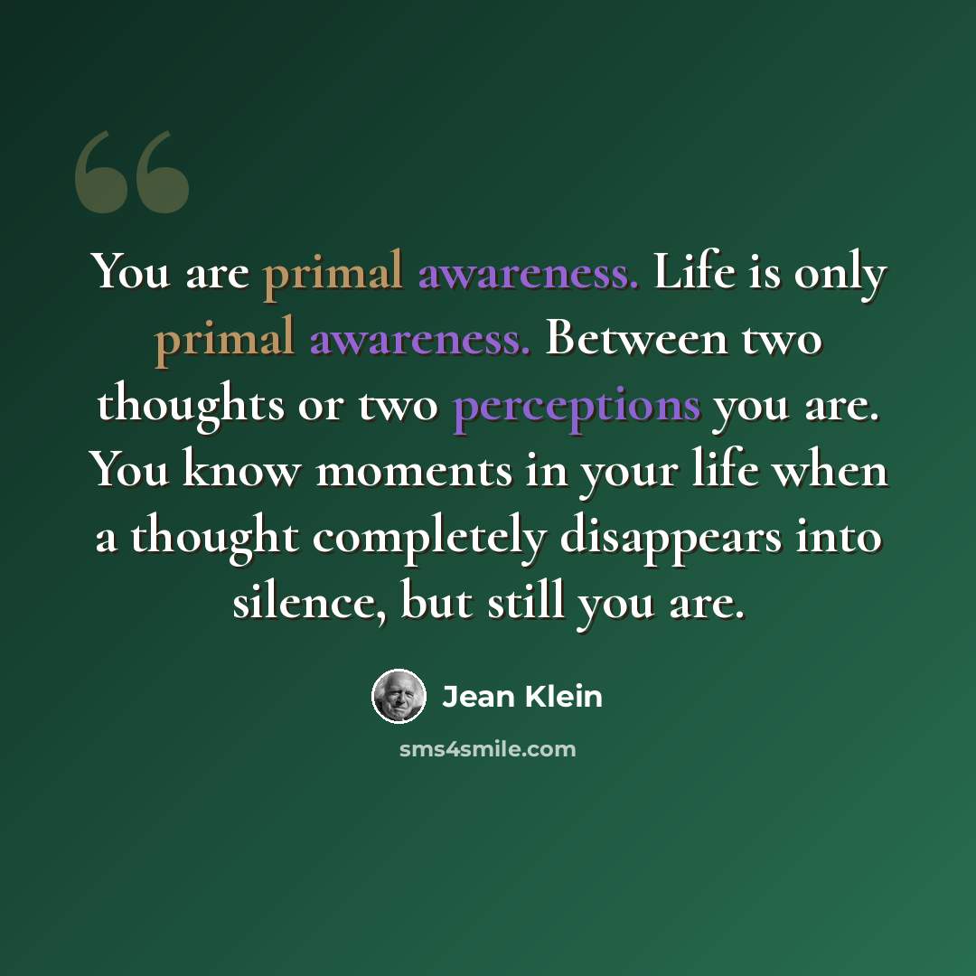 “You are primal awareness. Life is only primal awareness. Between two thoughts or two perceptions you are. You know moments in your life when a thought completely disappears into silence, but still you are.” quote by Jean Klein
