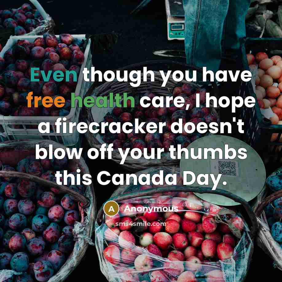 “Even though you have free health care, I hope a firecracker doesn't blow off your thumbs this Canada Day.” quote by Anonymous