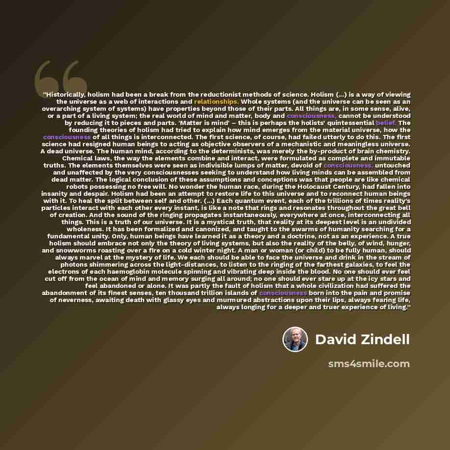 “Historically, holism had been a break from the reductionist methods of science. Holism (...) is a way of viewing the universe as a web of interactions and relationships. Whole systems (and the universe can be seen as an overarching system of systems) have properties beyond those of their parts…” quote by David Zindell