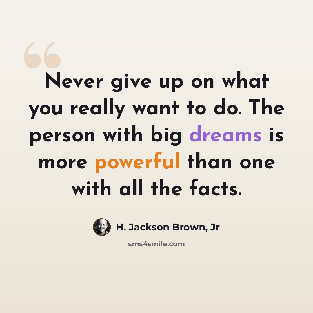 “Never give up on what you really want to do. The person with big dreams is more powerful than one with all the facts.” quote by H. Jackson Brown, Jr