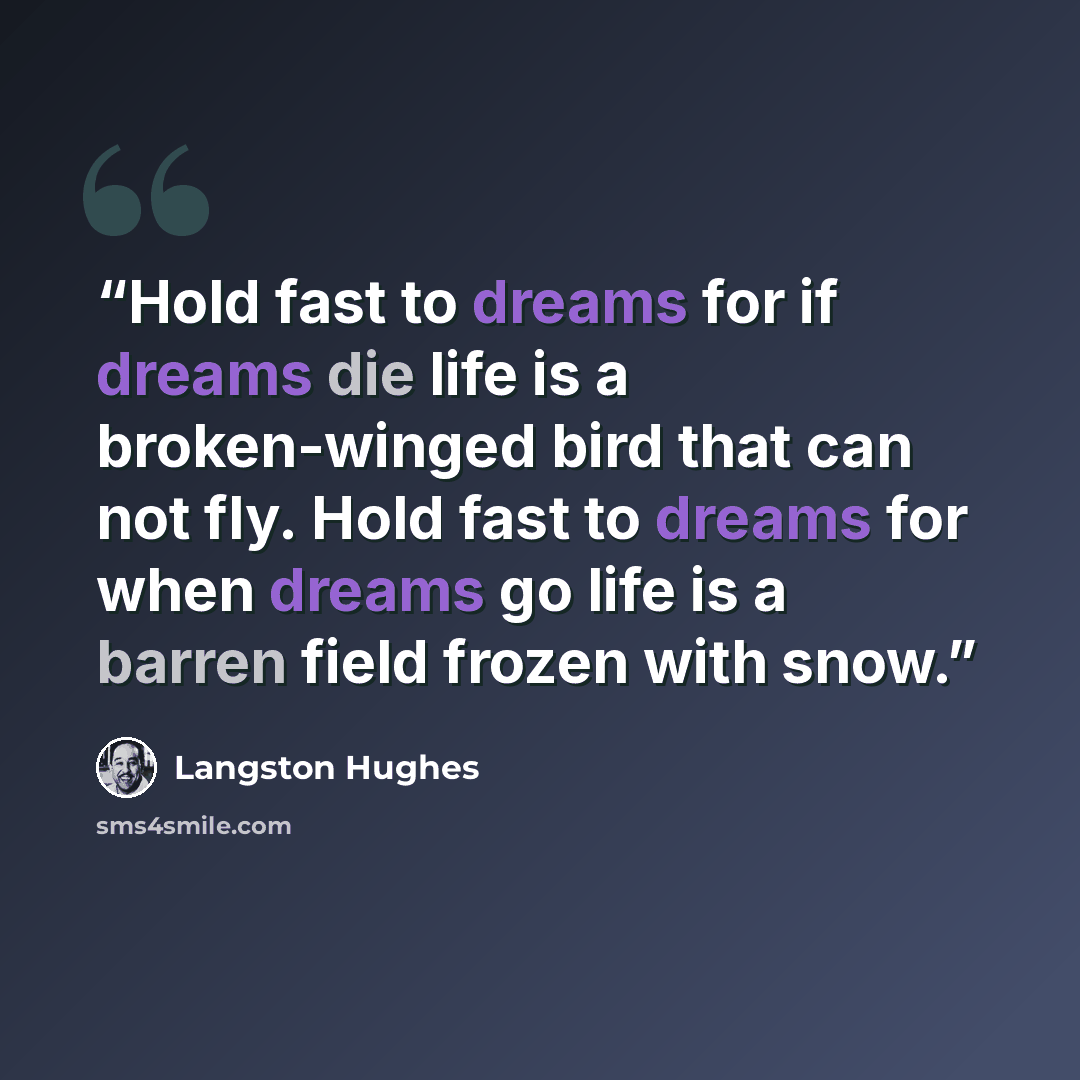 “Hold fast to dreams for if dreams die life is a broken-winged bird that can not fly. Hold fast to dreams for when dreams go life is a barren field frozen with snow.” quote by Langston Hughes