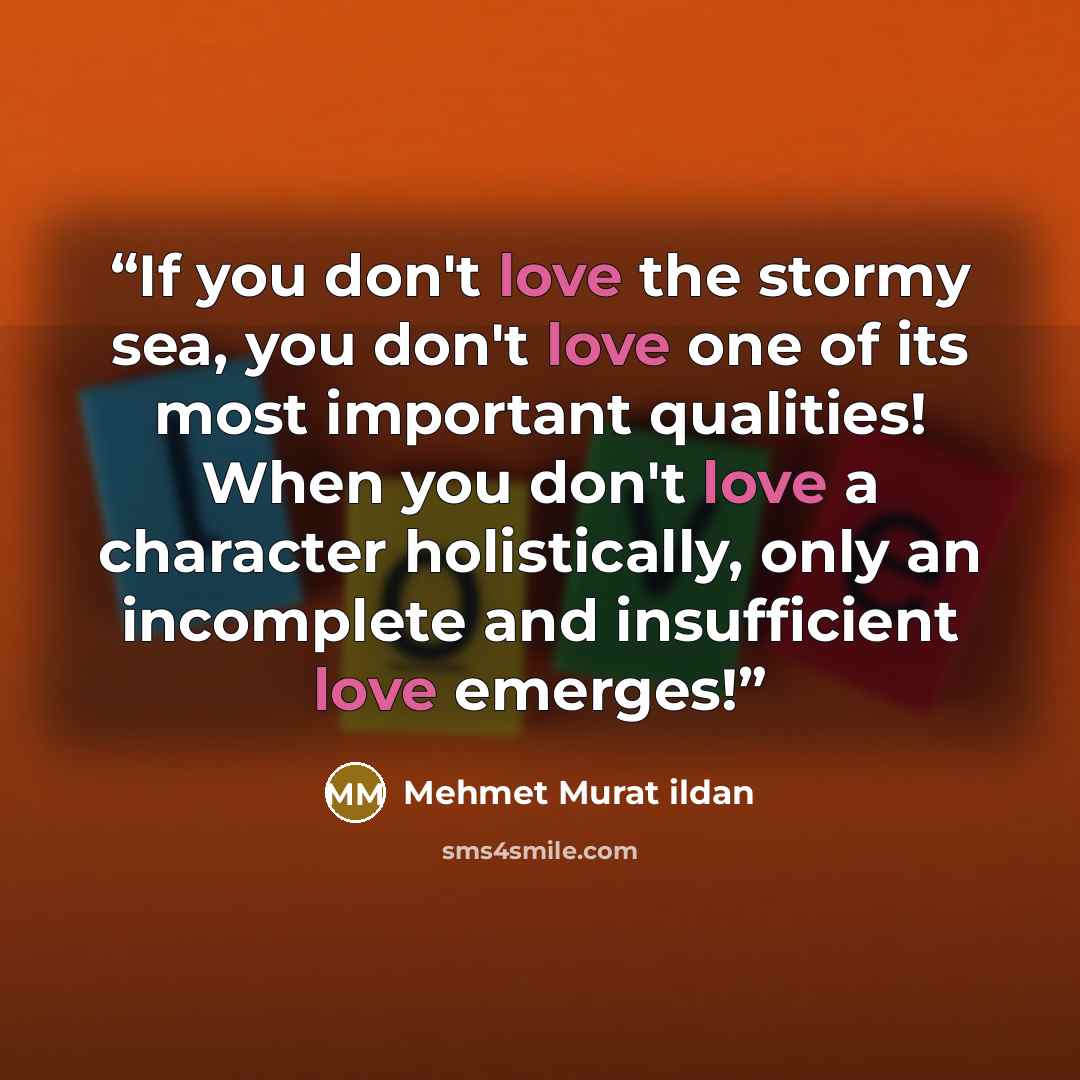 “If you don't love the stormy sea, you don't love one of its most important qualities! When you don't love a character holistically, only an incomplete and insufficient love emerges!” quote by Mehmet Murat ildan