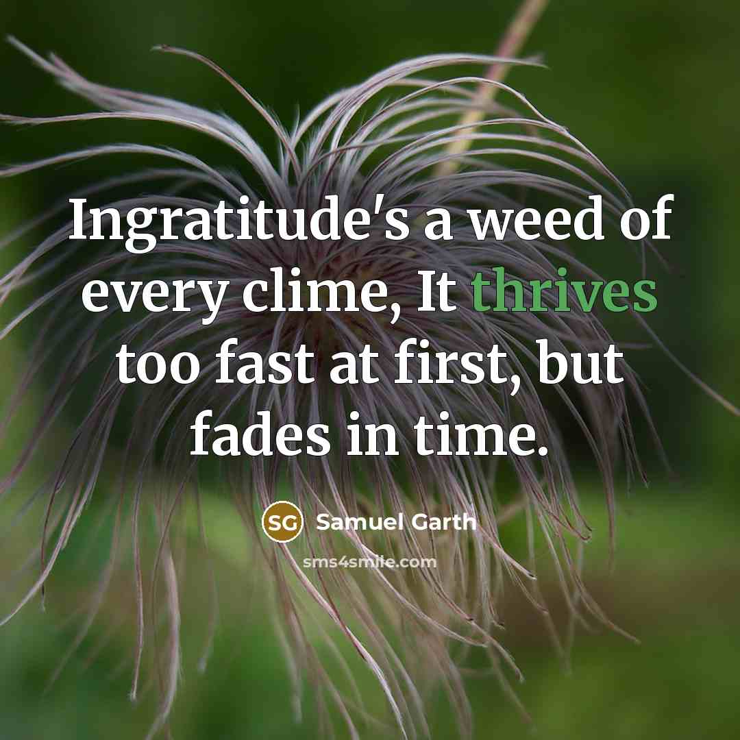 “Ingratitude's a weed of every clime, It thrives too fast at first, but fades in time.” quote by Samuel Garth
