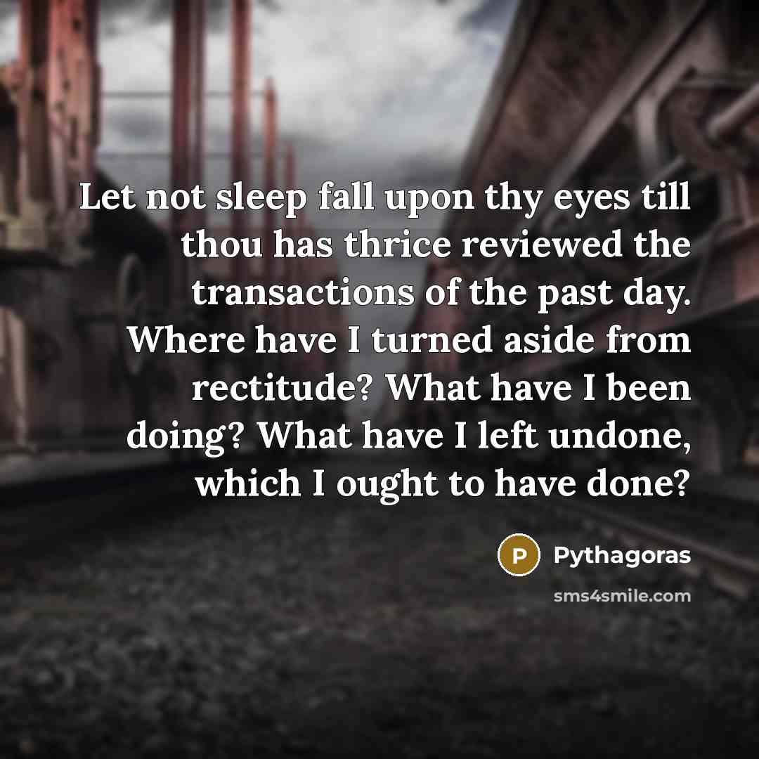 “Let not sleep fall upon thy eyes till thou has thrice reviewed the transactions of the past day. Where have I turned aside from rectitude? What have I been doing? What have I left undone, which I ought to have done?” quote by Pythagoras