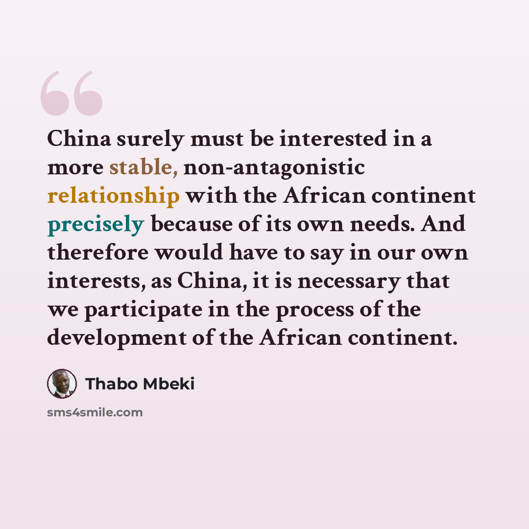 “China surely must be interested in a more stable, non-antagonistic relationship with the African continent precisely because of its own needs. And therefore would have to say in our own interests, as China, it is necessary that we participate in the process of the development of the African…” quote by Thabo Mbeki