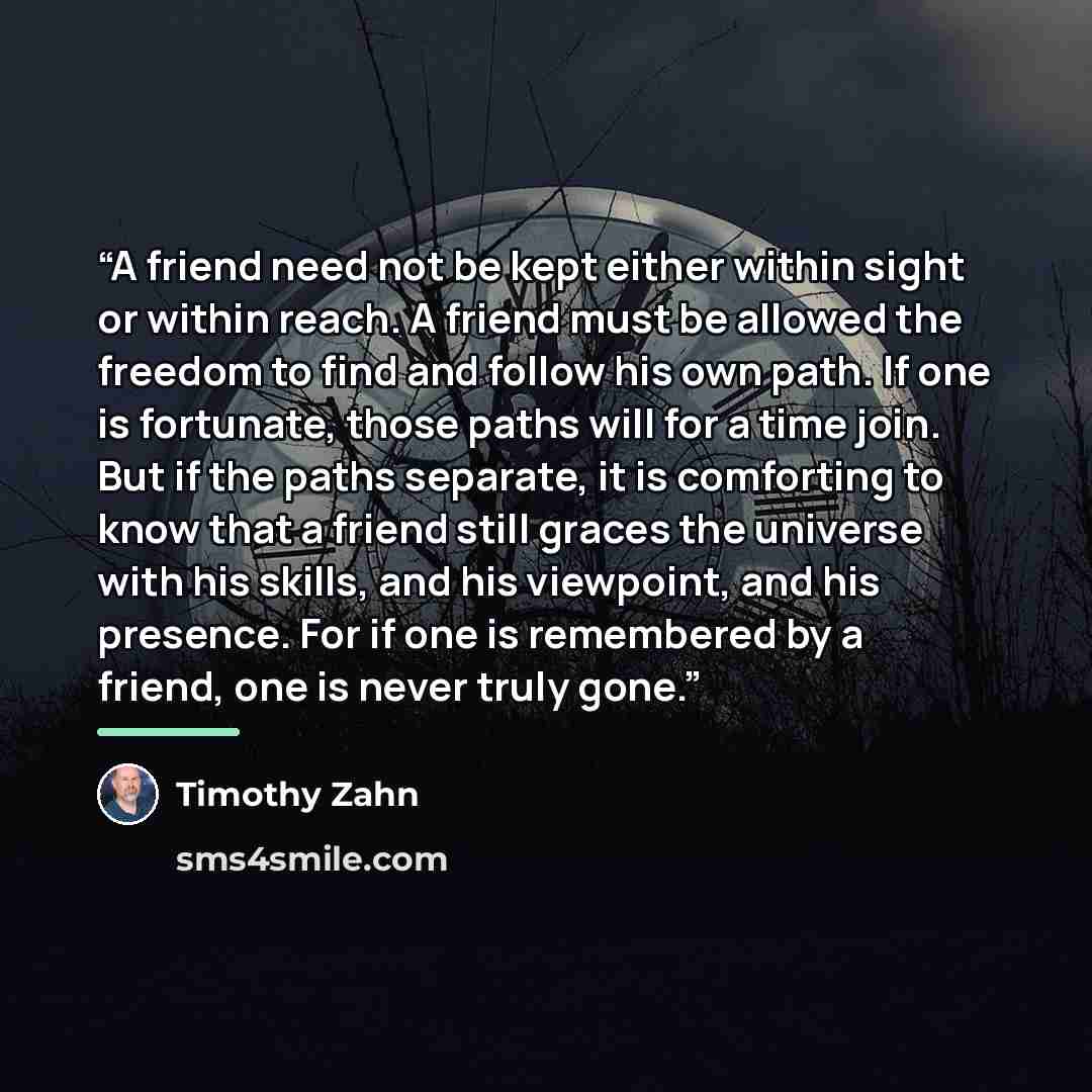 “A friend need not be kept either within sight or within reach. A friend must be allowed the freedom to find and follow his own path. If one is fortunate, those paths will for a time join. But if the paths separate, it is comforting to know that a friend still graces the universe with his skills…” quote by Timothy Zahn