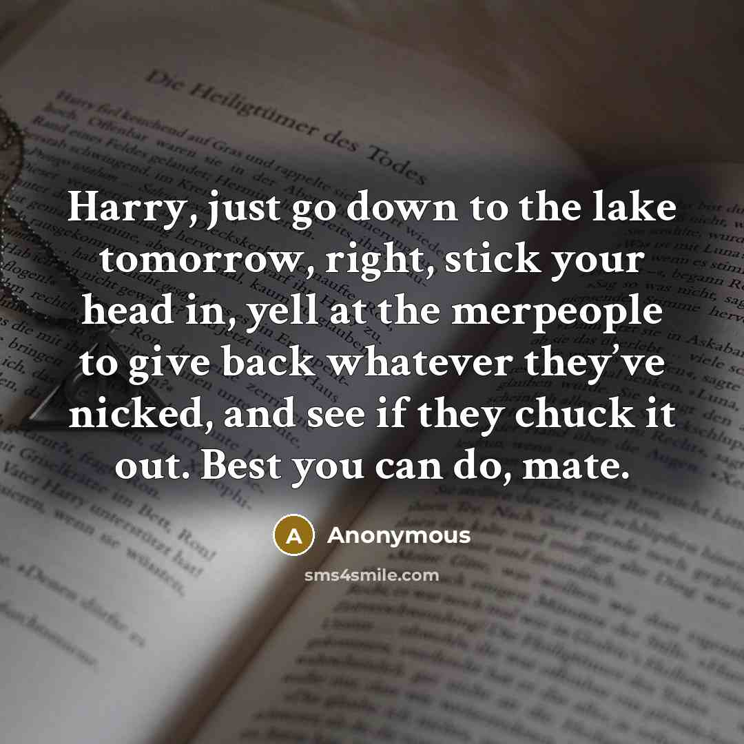“Harry, just go down to the lake tomorrow, right, stick your head in, yell at the merpeople to give back whatever they’ve nicked, and see if they chuck it out. Best you can do, mate.” quote by Anonymous