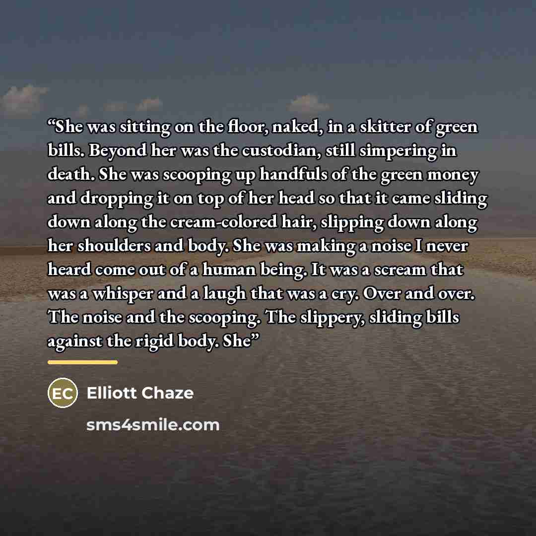 “She was sitting on the floor, naked, in a skitter of green bills. Beyond her was the custodian, still simpering in death. She was scooping up handfuls of the green money and dropping it on top of her head so that it came sliding down along the cream-colored hair, slipping down along her shoulders…” quote by Elliott Chaze