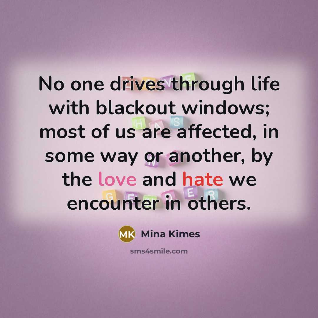 “No one drives through life with blackout windows; most of us are affected, in some way or another, by the love and hate we encounter in others.” quote by Mina Kimes