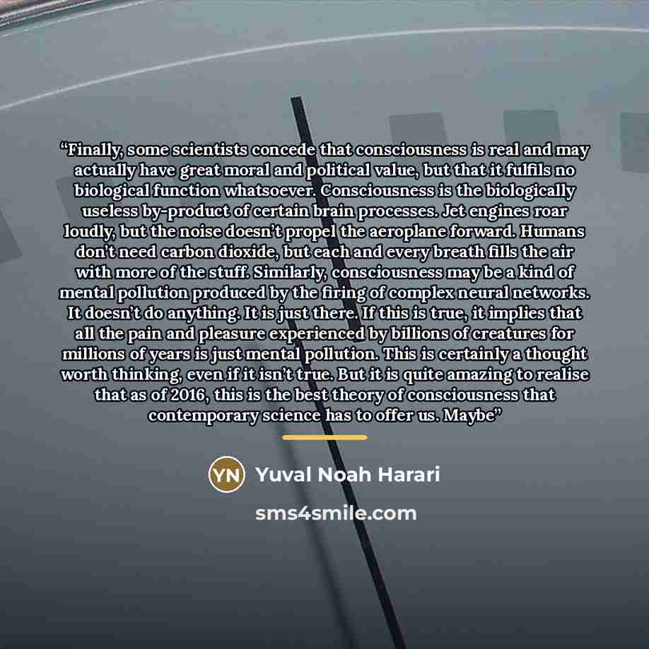 “Finally, some scientists concede that consciousness is real and may actually have great moral and political value, but that it fulfils no biological function whatsoever. Consciousness is the biologically useless by-product of certain brain processes. Jet engines roar loudly, but the noise doesn’t…” quote by Yuval Noah Harari