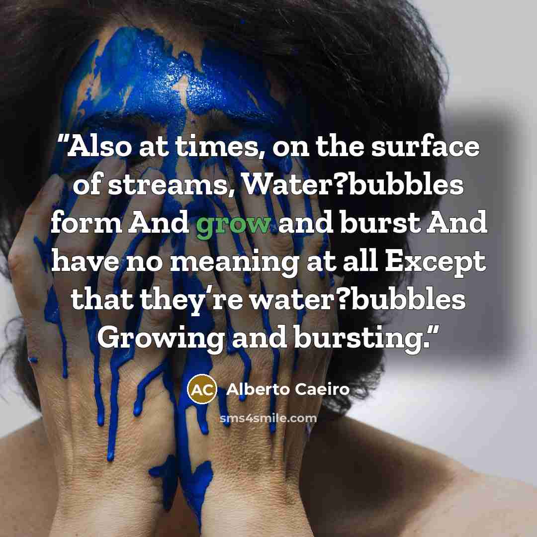 “Also at times, on the surface of streams, Water?bubbles form And grow and burst And have no meaning at all Except that they’re water?bubbles Growing and bursting.” quote by Alberto Caeiro
