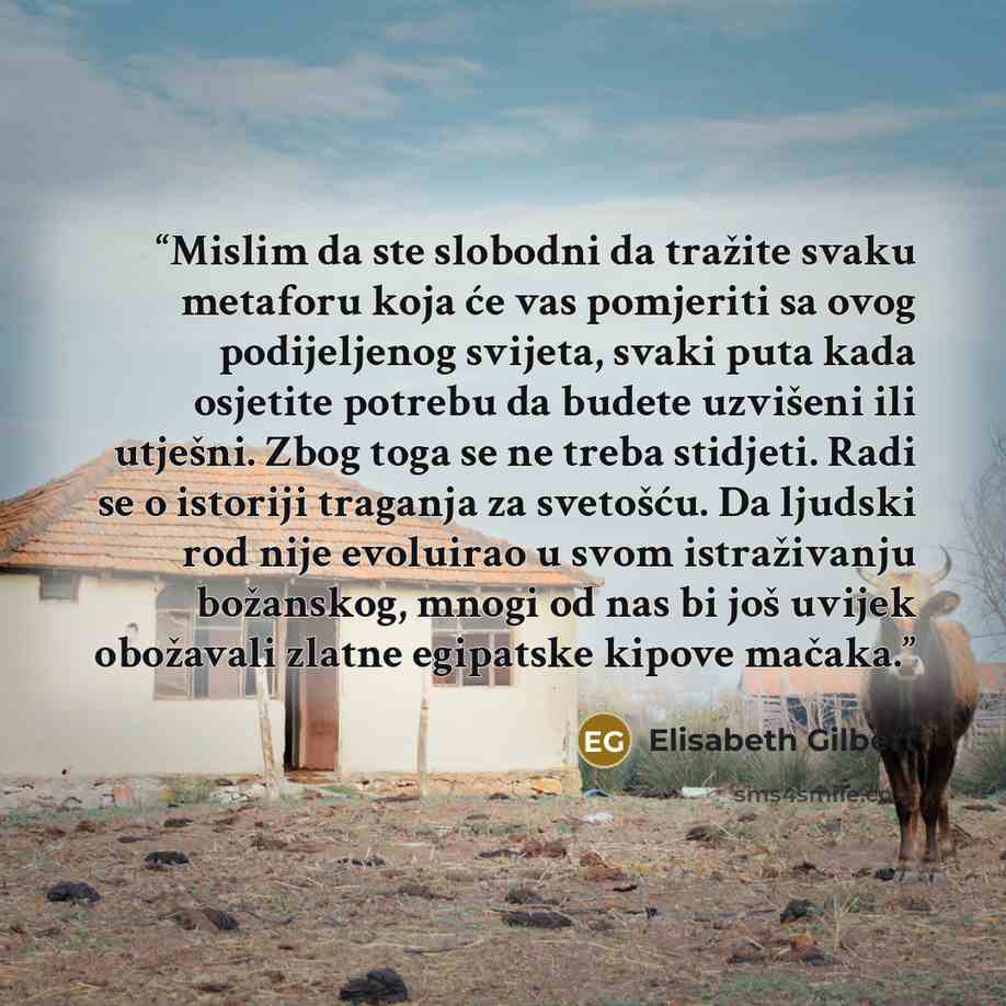 “Mislim da ste slobodni da tražite svaku metaforu koja će vas pomjeriti sa ovog podijeljenog svijeta, svaki puta kada osjetite potrebu da budete uzvišeni ili utješni. Zbog toga se ne treba stidjeti. Radi se o istoriji traganja za svetošću. Da ljudski rod nije evoluirao u svom istraživanju…” quote by Elisabeth Gilbert