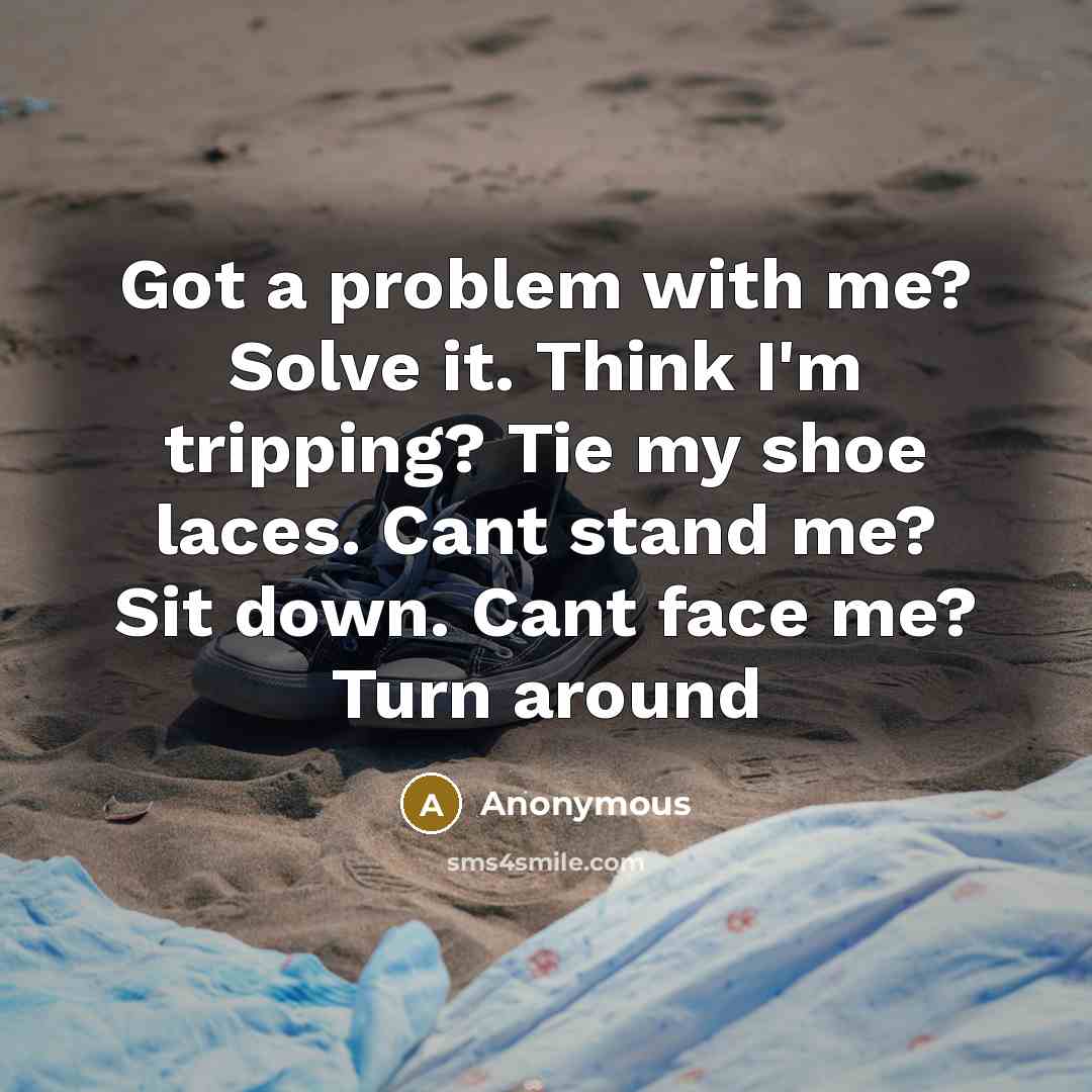 “Got a problem with me? Solve it. Think I'm tripping? Tie my shoe laces. Cant stand me? Sit down. Cant face me? Turn around” quote by Anonymous