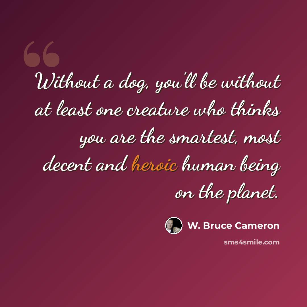 “Without a dog, you'll be without at least one creature who thinks you are the smartest, most decent and heroic human being on the planet.” quote by W. Bruce Cameron